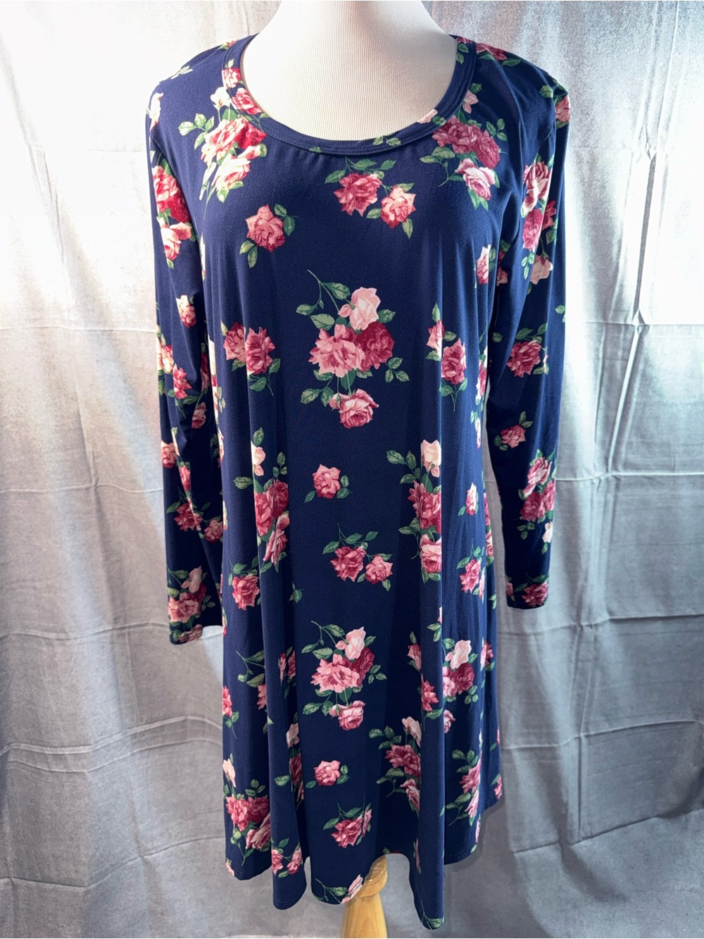 1779-Pinc Navy Floral Long Sleeve A-Line Dress